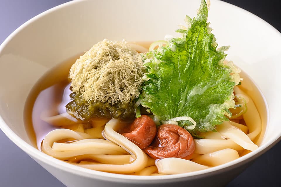 Seasonal tempura with tororo kelp and plum udon