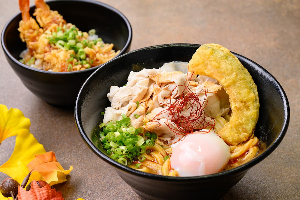 Tsukimi Curry Udon Mini Shrimp Tempura Rice Bowl Set