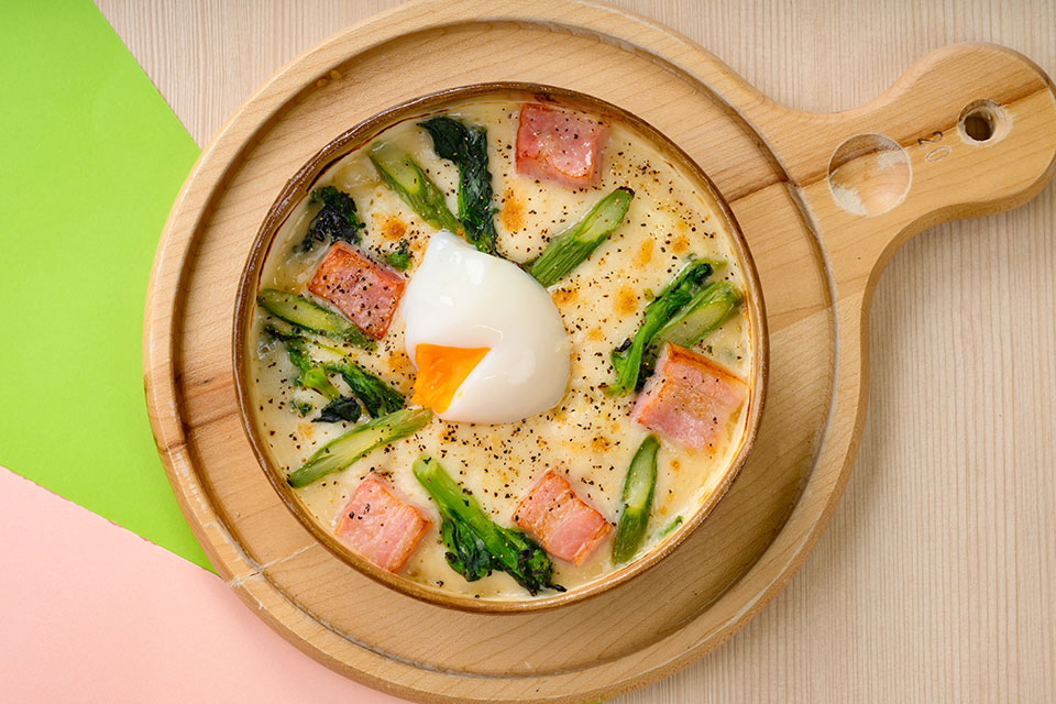 Creamy Gratin with Soft-Boiled Egg and Spring Vegetables