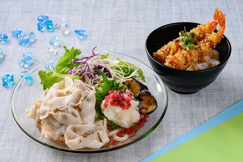 Chilled Udon with Pork Shabu-Shabu, Eggplant, and Grated Plum (Tempura Rice Bowl Set)