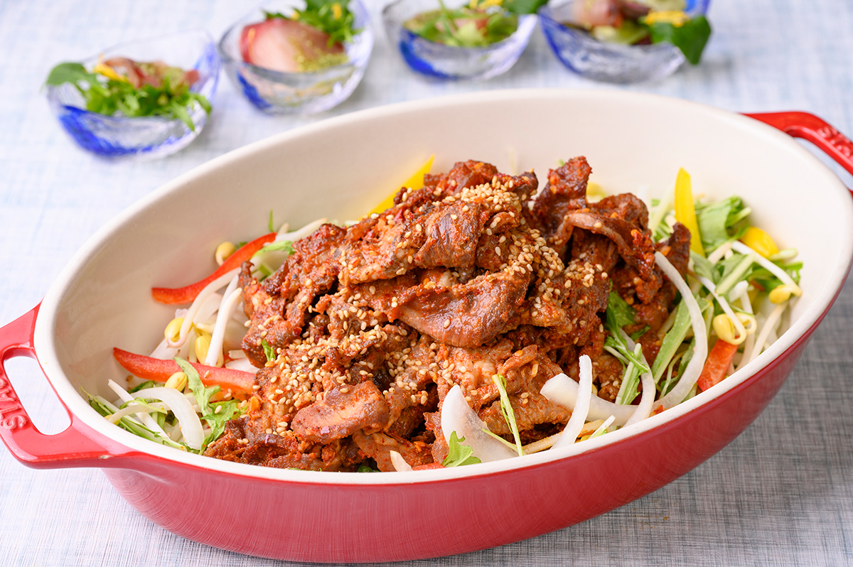 This is a lamb dish that uses a variety of exotic spices and is grilled with summer vegetables.